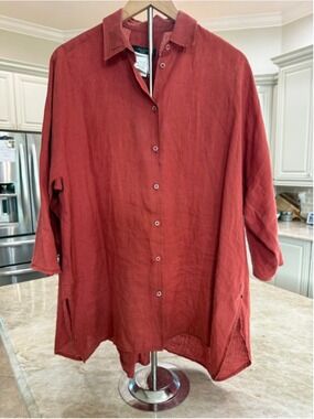 Weekend MaxMara Rust Linen Button Down oversized Shirt tunic Size 10 fit XL